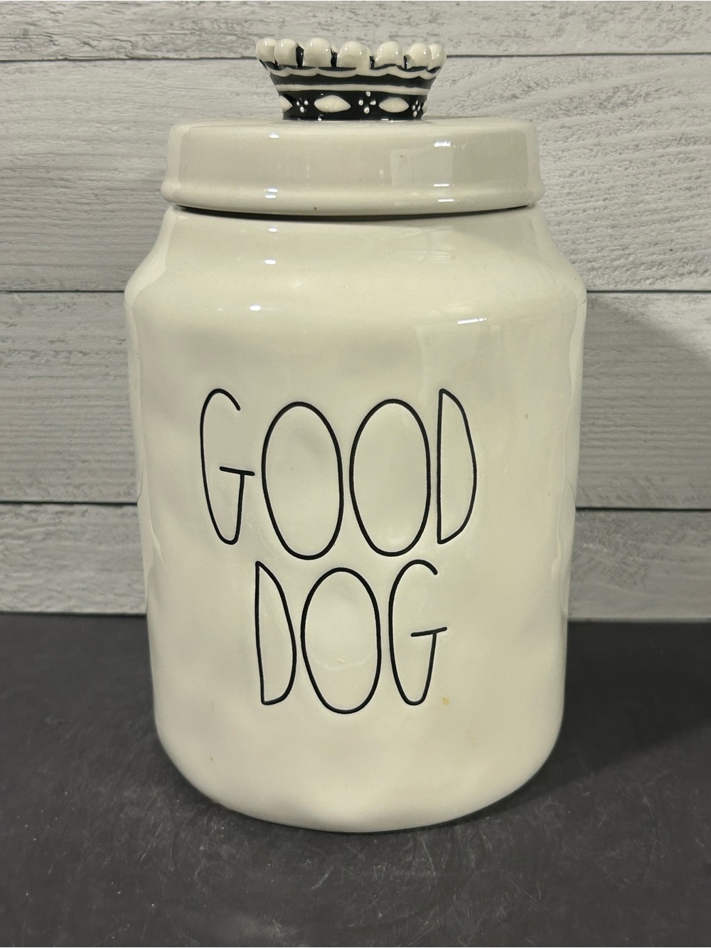 Rae Dunn White Ceramic "GOOD DOG" Treat Jar with Black Accents